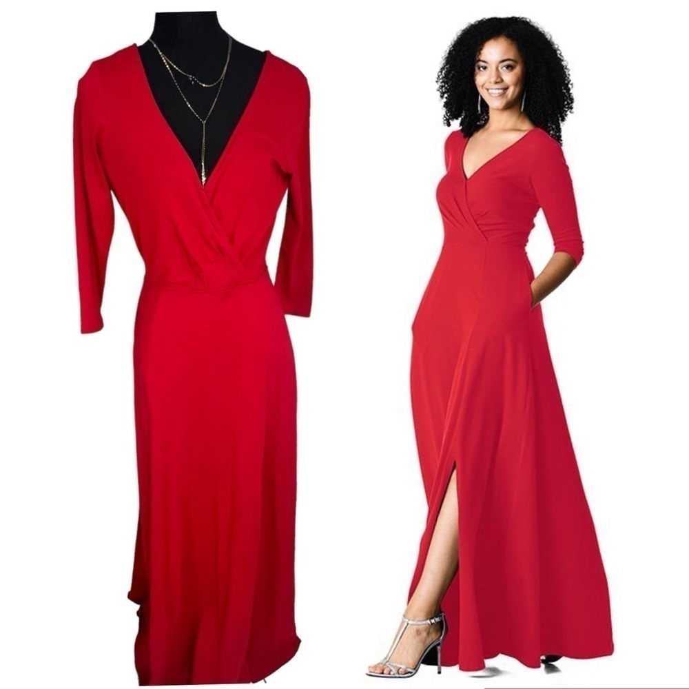 eShakti red maxi dress cotton blend long A-line dress w/ slit modest comfy